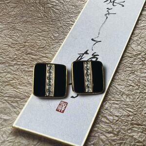 Vintage S.A.L Swarovski Art Deco Black and Gold CZ Square Clip-on Earrings